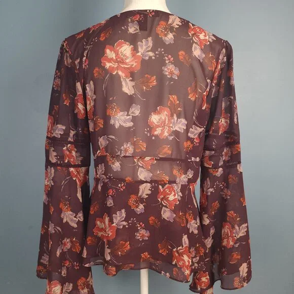 Forever 21 Floral Print Button Up Sheer Blouse Bell Sleeves SZ L - Picture 2 of 4